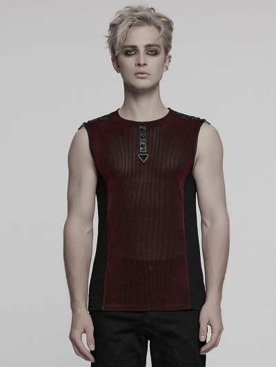 Punk Rave Red Gothic Cyber Punk Mesh Splicing Vest Top for Men
