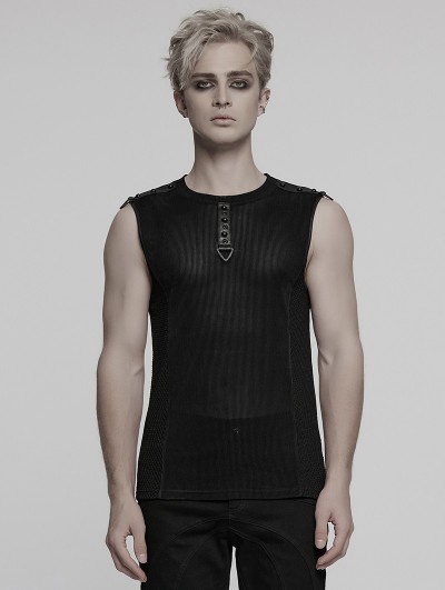 Punk Rave Black Gothic Cyber Punk Mesh Splicing Vest Top for Men