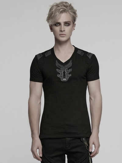 Punk Rave Black Gothic Cyber Punk 3D Patch Knitted Short Sleeve T-Shirt for Men