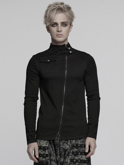 Punk Rave Black Gothic Dark Punk Asymmetrical Zip Long Sleeve T-Shirt for Men