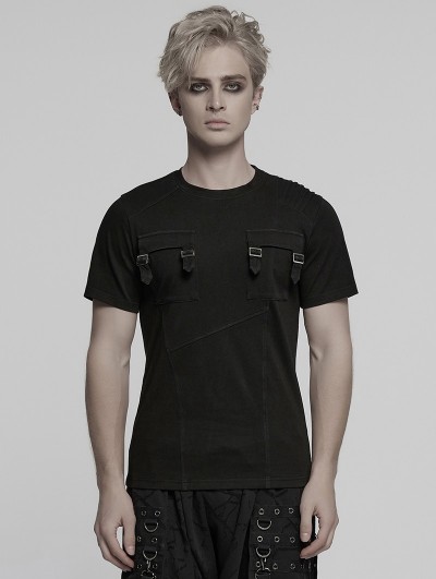 Punk Rave Black Gothic Dark Punk Denim Knitted Short Sleeve T-Shirt for Men