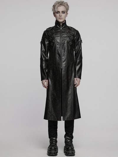 Punk Rave Black Gothic Cyberpunk Studded Leather Collar Long Jacket for Men