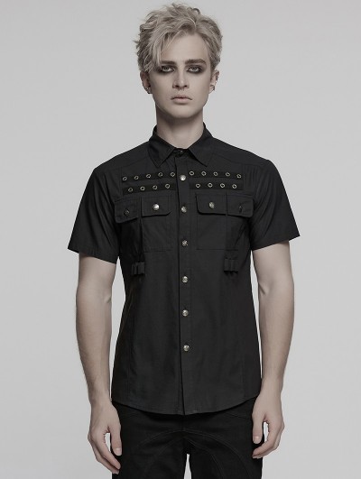 Punk Rave Black Gothic Punk Metal Eyelet Short Sleeved Shirt for Men