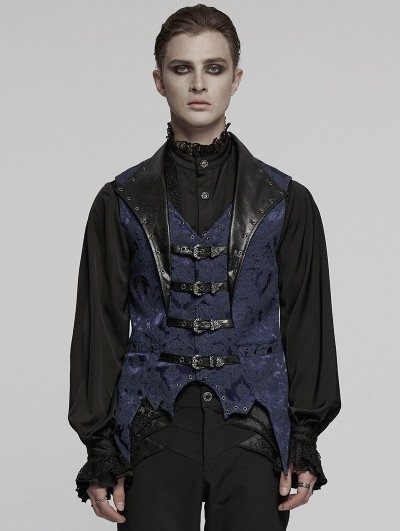 Punk Rave Black and Blue Retro Gothic Jacquard Bat Shaped Lapel Vest for Men