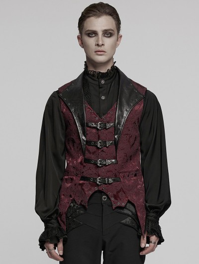 Punk Rave Black and Red Retro Gothic Jacquard Bat Shaped Lapel Vest for Men