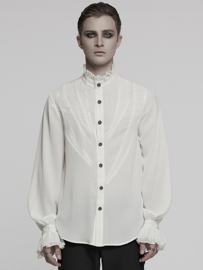 Punk Rave White Gothic Vintage Lace Splicing Shirt for Men