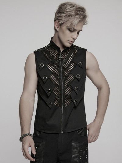 Punk Rave Black Gothic Punk Metal Studded Mesh Splicing Vest for Men