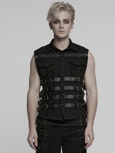 Punk Rave Black Gothic Cyberpunk Buckle Armor Patch Vest for Men
