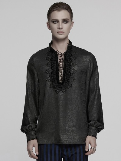 Punk Rave Black Gothic Dark Rose Patterned Loose Shirt for Men
