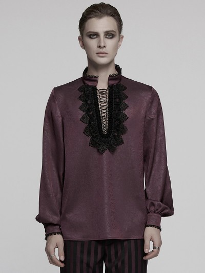 Punk Rave Red Gothic Dark Rose Patterned Loose Shirt for Men