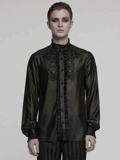 Punk Rave Black Vinatge Gothic Glossy Chiffon Applique Fitted Shirt for Men