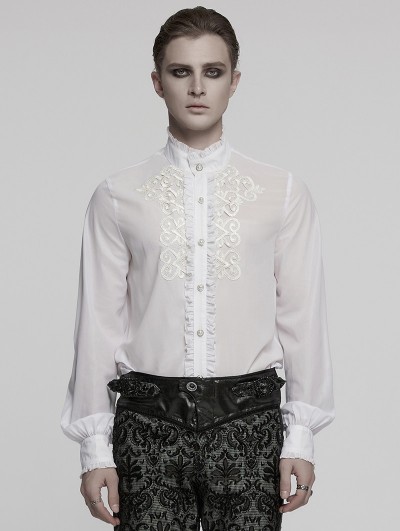 Punk Rave White Vinatge Gothic Glossy Chiffon Applique Fitted Shirt for Men