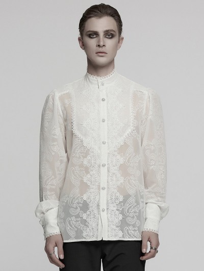 Punk Rave White Vintage Gothic Embroidered Chiffon Shirt for Men