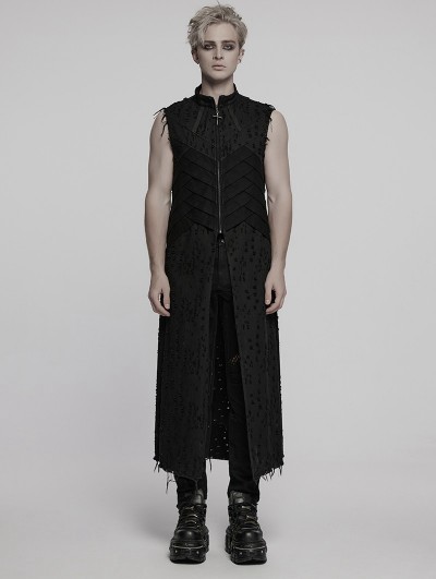 Punk Rave Black Gothic Punk Distressed Zipper Long Vest for Men
