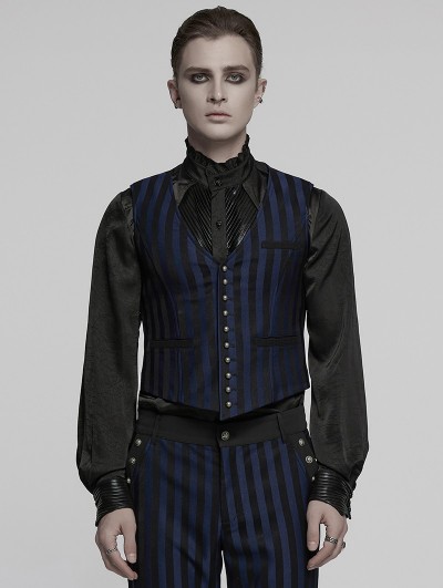 Punk Rave Black and Blue Retro Gothic Steampunk Striped Vest for Men