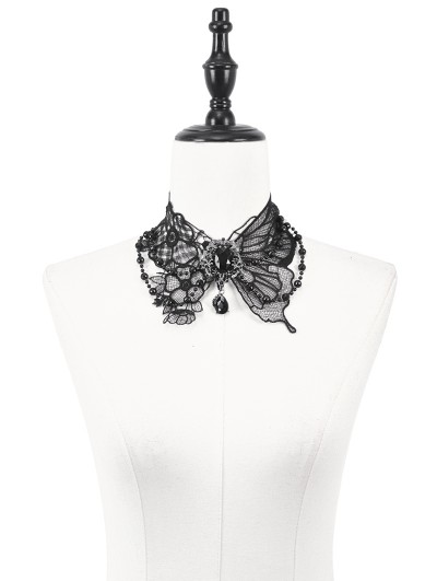 Dark in love Black Gothic Butterfly Crystal Beaded Lace Choker