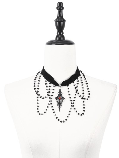 Dark in love Black Gothic Retro Cross Pendant Beaded Chain Choker