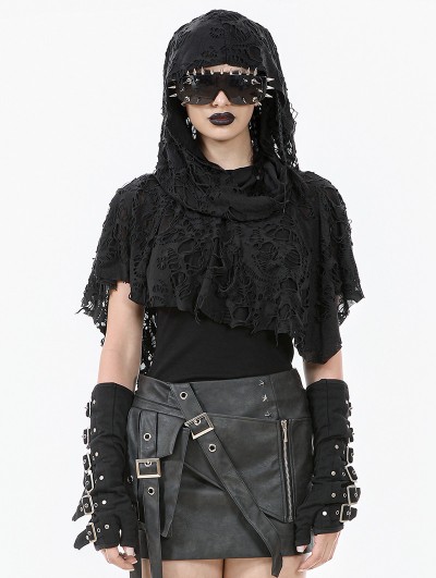 Dark in love Black Gothic Punk Distressed Draped Hooded Capelet for Women