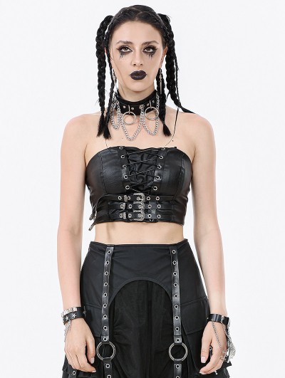 Dark in love Black Gothic Punk Metal Belted Grommet Lace-Up Corset Top for Women
