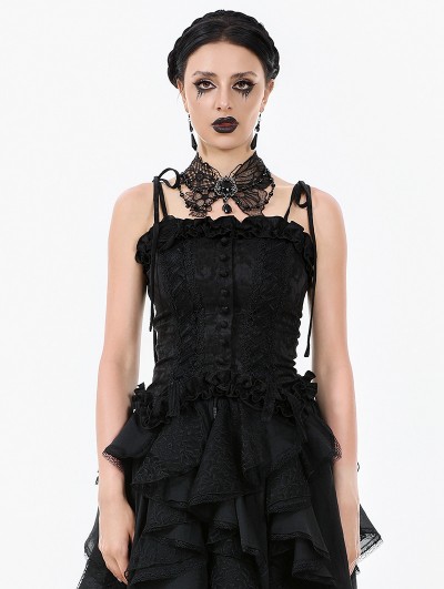 Dark in love Black Gothic Floral Jacquard Tie Strap Bustier Top for Women