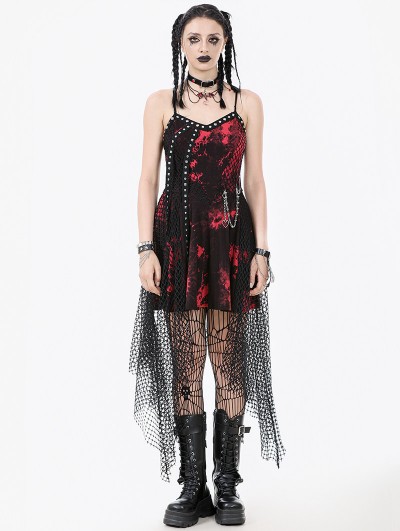Dark in love Red and Black Gothic Punk Asymmetric Fishnet Overlay Dress