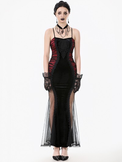 Dark in love Black and Red Sexy Gothic Lace Applique Bodycon Fishtail Long Dress