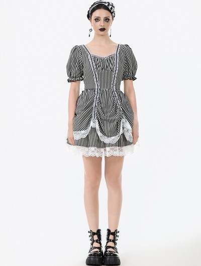 Dark in love Black and White Lace Trim Gothic Lolita Striped Short Dress