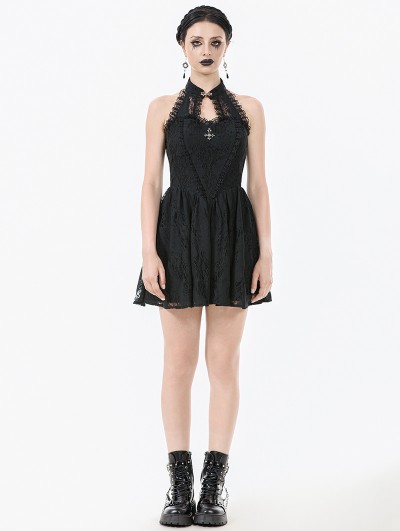 Dark in love Black Gothic Cut Out Lace Halter Sleeveless Short Dress