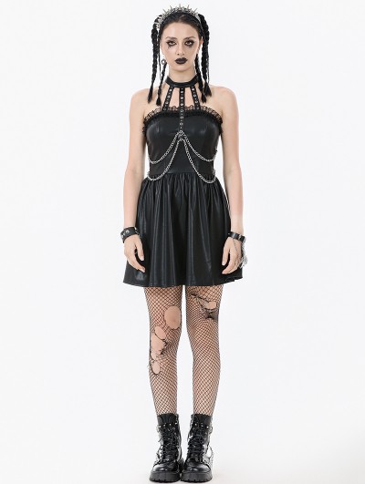 Dark in love Black Gothic Punk Halter Eyelet Strap Short Leather Dress