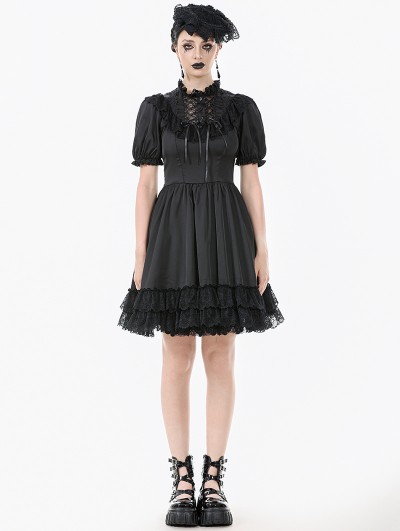 Dark in love Black Gothic Lace-Up Lolita Short Puff Sleeve Dress