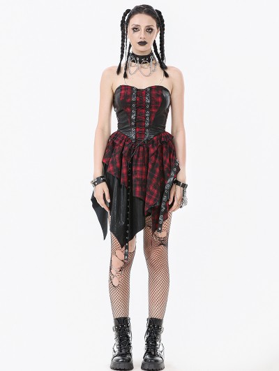 Dark in love Black and Red Gothic Punk Plaid Faux Leather Asymmetric Dress