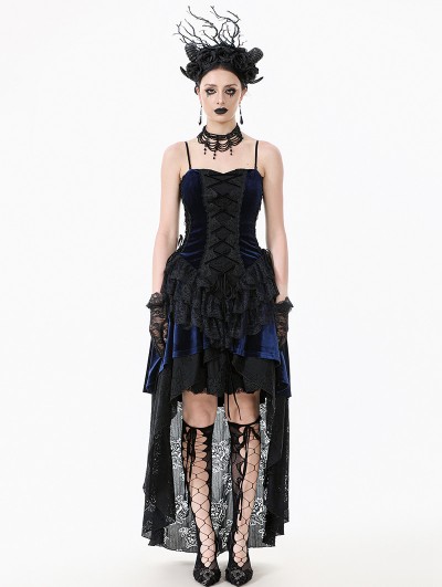 Dark in love Black and Royal Indigo Velvet Lace Gothic Tiered Tail Party Dress