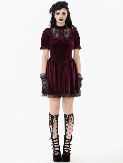 Dark in love Dark Red Gothic Velvet Lace Frilly Short Puff Sleeve Dress