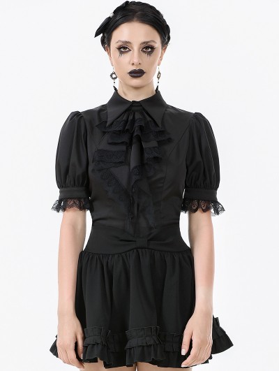 Dark in love Black Gothic Women's Short Sleeve Blouse with Detachable Cravat