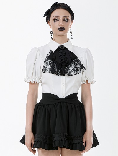 Dark in love White Gothic Victorian Black Lace Cravat Blouse for Women