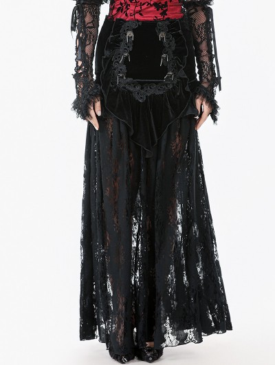 Dark in love Black Gothic Velvet Sheer Lace Panelled Long Fishtail Skirt