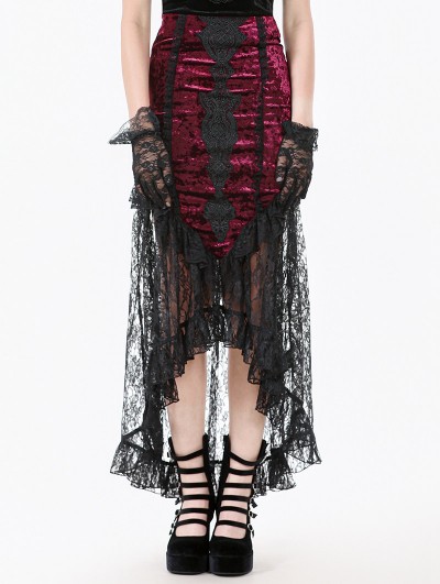 Dark in love Red Glossy Velvet Lace Trim High-Low Gothic Fishtail Skirt
