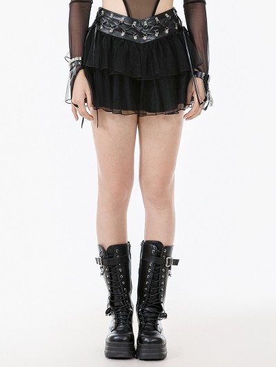 Dark in love Black Gothic Punk D-Ring Tie Up Mesh Layered Mini Skirt