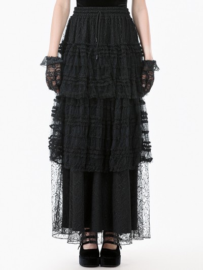 Dark in love Black Gothic Polka Dot Ruched Mesh Tiered Lace Long Skirt