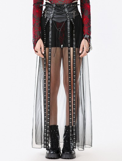Dark in love Black Gothic Rebel Leather Spliced Mesh Slit Maxi Skirt
