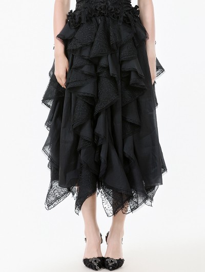 Dark in love Black Gothic Irregular Layered Fluffy Chiffon Lace Skirt