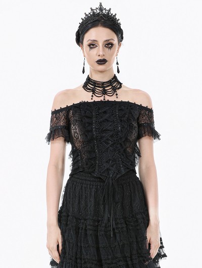 Dark in love Black Gothic Off-Shoulder Floral Lace Ruffled Top for Women
