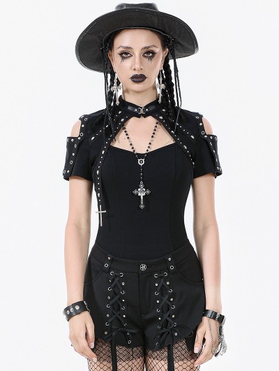 Dark in love Black Dark Metal Gothic Skull Cross Short Sleeve T-Shirt for Women