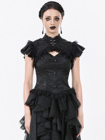 Dark in love Black Vintage Gothic Hollow Out Lace Trim Jacquard Top for Women