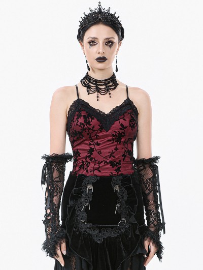 Dark in love Dark Red Gothic Vintage Floral Lace Cami Top for Women