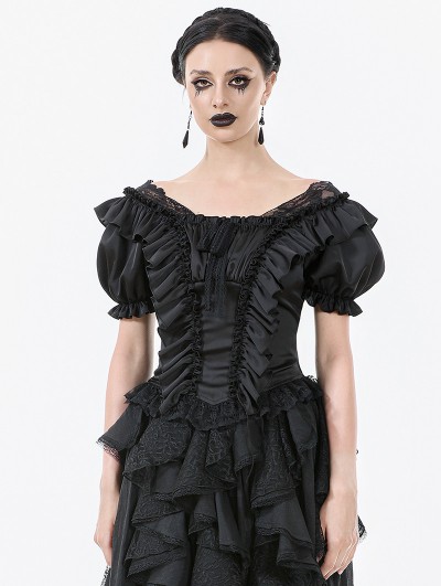 Dark in love Black Gothic Romantic Rococo Lace Short Sleeve Top for Women