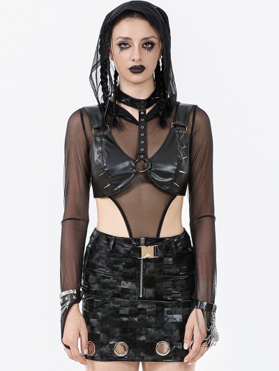 Dark in love Black Gothic Long Sleeve Finger Loop Hooded Mesh Bodysuit