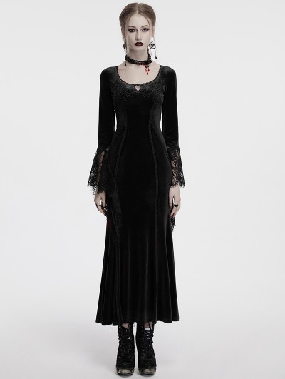 Punk Rave Black Gothic Velvet Long Sleeve Fishtail Maxi Dress