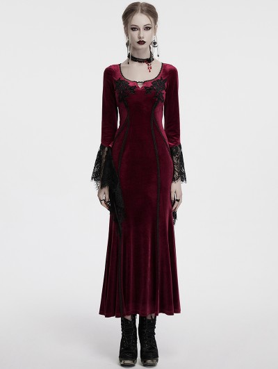Punk Rave Red Gothic Velvet Long Sleeve Fishtail Maxi Dress