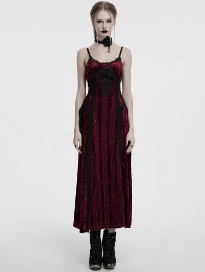 Punk Rave Red Gothic Embroidered Velvet Slip Long Party Dress
